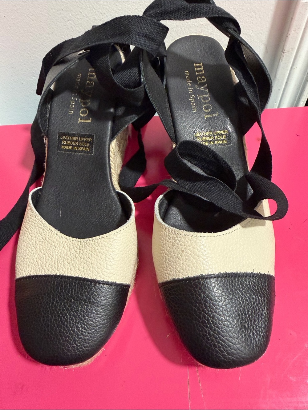 Lace-Up Espadrille Wedge Sandals - Black & Cream
